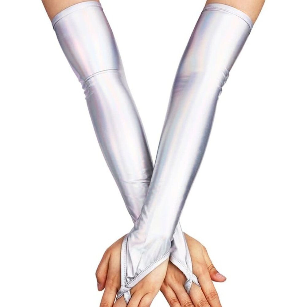 Women's Shiny Silver Metallic Long Arm Sleeves Fingerless Gloves Party Opera